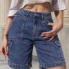 Womens Straight-Leg Denim Overalls Shorts Loose-Fit High-Waisted