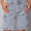 Womens Straight-Leg Denim Overalls Shorts Loose-Fit High-Waisted