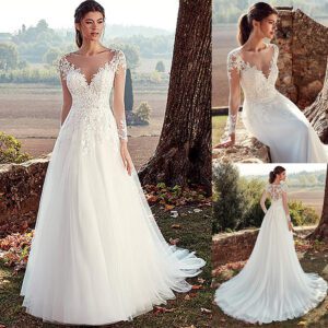 e13aa564-c797-458e-a037-ba0cb7b6bd43.jpg High U-neck Lace Long Sleeve A- Line Long Tail Simple Wedding Dress