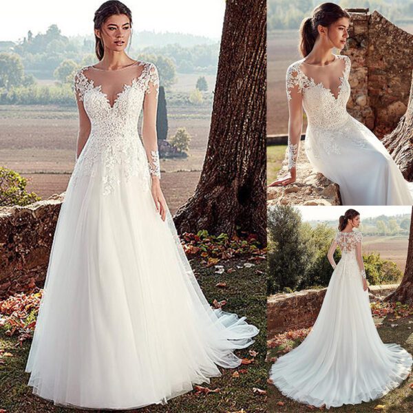 e13aa564-c797-458e-a037-ba0cb7b6bd43.jpg High U-neck Lace Long Sleeve A- Line Long Tail Simple Wedding Dress
