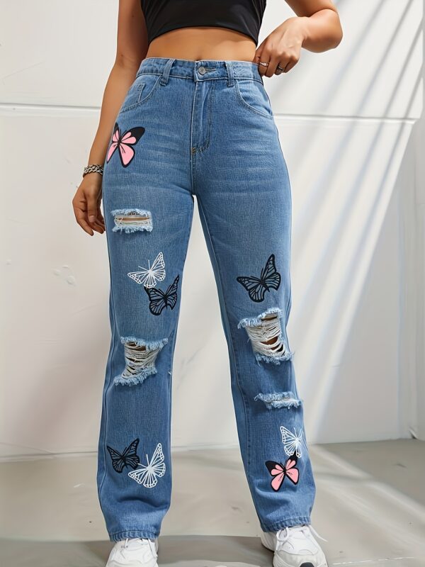 e5422f34-c1a9-4da7-8fc1-858c7b40877a.jpg High Waisted Straight Leg Jeans For Women Trendy Butterfly Print Ripped Distressed Denim Pants