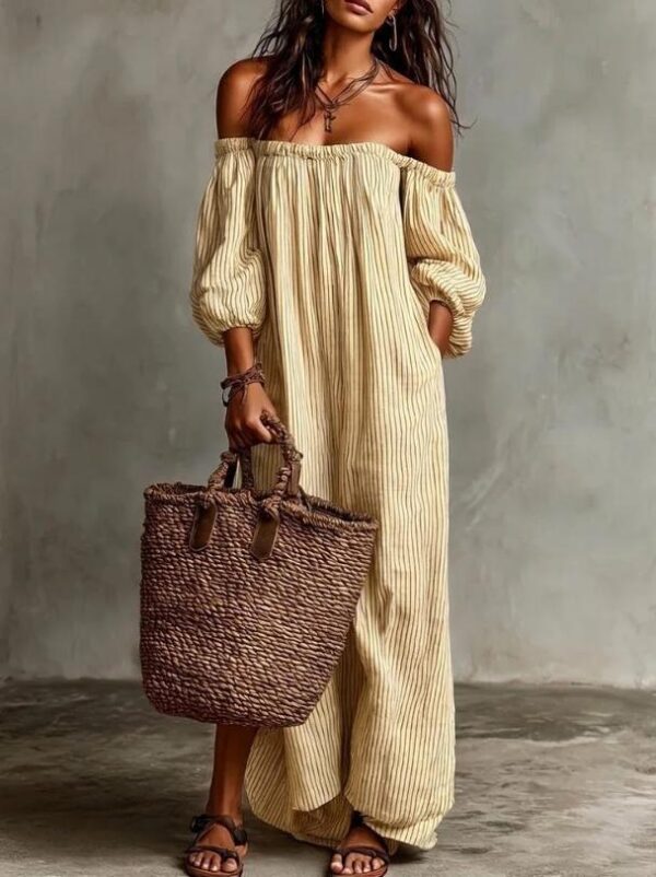 Women's Summer Off Shoulder Striped Dress Elegant Loose Casual Dress