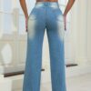 Fashion High Waist Ripped Jeans With Pockets Comfortable Slim Fit Trousers Straight Wide-leg Pants Womens Clothing