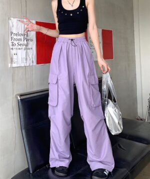 American-style Vintage Work Pants For Men And Women, Summer Versatile Straight-leg, Drapey, Cuffed, Loose Wide-leg Casual Pants-purple