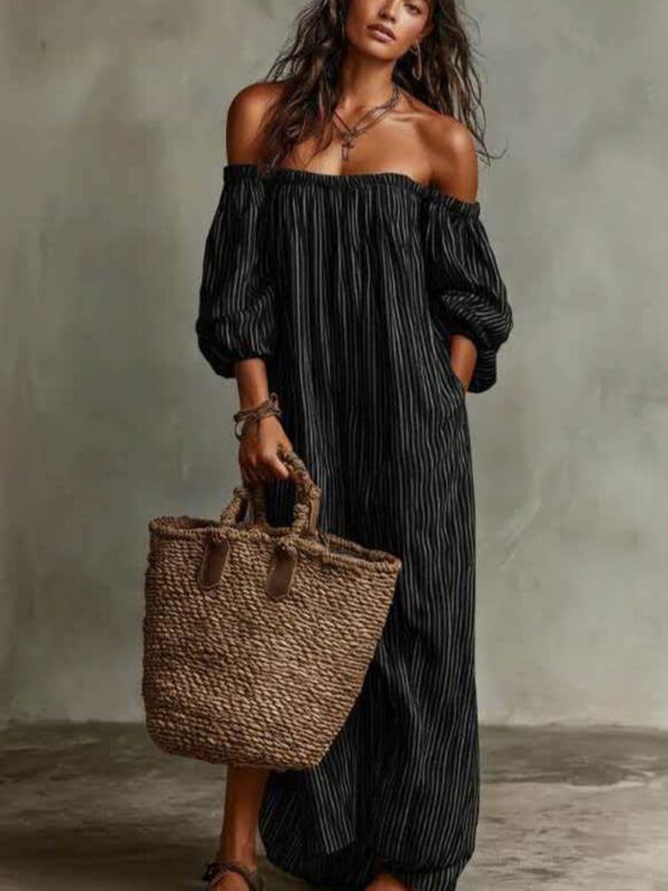 Women's Summer Off Shoulder Striped Dress Elegant Loose Casual Dress