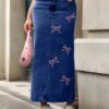 Womens Embroidered Bow Denim Skirt, Street-Style Long Dress, Wrinkle-Resistant, Solid Color, Blue