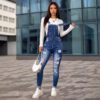 Womens Stretchy Slim-Fit Denim Ripped Suspender Pants