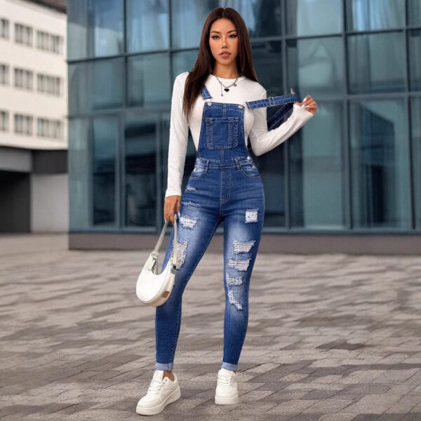 Womens Stretchy Slim-Fit Denim Ripped Suspender Pants