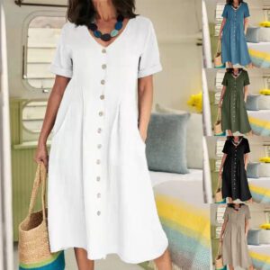 2026 Spring Summer European And American Women's New Solid Color Loose High Waist Cotton And Hemp Dress