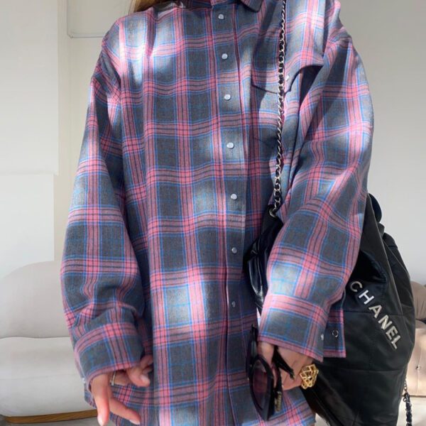 Amazon Ozon Cross-Border Women's Shirt Retro Style Loose 2025 Spring Autumn Winter Plaid Long-Sleeve Pocket Shirt Versatile