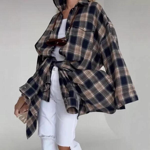 Amazon Ozon Cross-Border Women's Shirt Retro Style Loose 2025 Spring Autumn Winter Plaid Long-Sleeve Pocket Shirt Versatile