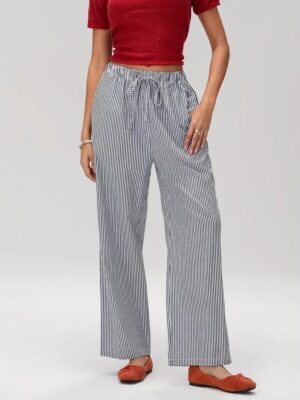 Casual Fashion Striped Straight-leg Pants Elastic High-waisted Trousers