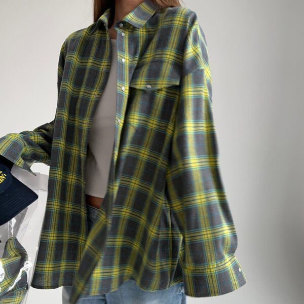 Amazon Ozon Cross-Border Women's Shirt Retro Style Loose 2025 Spring Autumn Winter Plaid Long-Sleeve Pocket Shirt Versatile