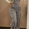 Women Casual Multi Pocket Corduroy Overalls Jumpsuits Straight Leg Cargo Pants